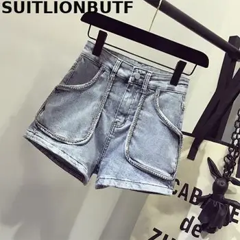 

Suitlionbutf 2020 Summer 4XL Plus Size Women Jeans Shorts Solid Mid Waist Diamond Pockets Spodenki Damskie Combi Short Feminino