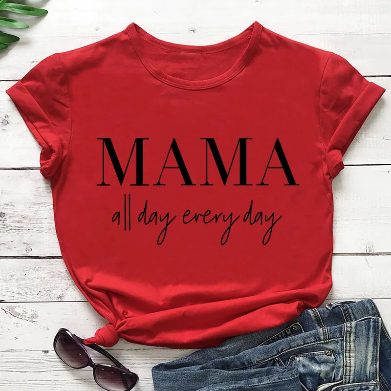 MAMA all day every/футболка Tumblr 90 s, повседневная хипстерская футболка унисекс, стильный топ с короткими рукавами, верхняя одежда с надписью Mama, модная футболка для девочек - Цвет: red tee black text