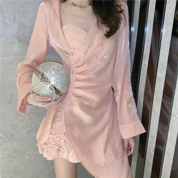

Spring New Women Set Mermaid Lace Dress + Shirt Two Piece Sets Fashion Pink Ruched Slim Mini Dress Suits Sexy Outfits for Women