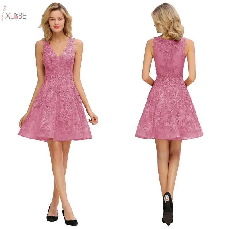 Розовые кружевные короткие платья для выпускного вечера ТРАПЕЦИЕВИДНОЕ платье без рукавов элегантная аппликация vestidos de gala