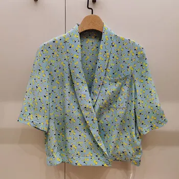 

100% V-neck Women's Blouse Printted Half Sleeve Lady Shirt And Top With Pocket New Fashion