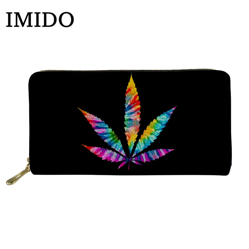 

IMIDO Women Clucth PU Leather Purse Fashion Colored Hemp Leaf Printing Ladies Travel Passport Card Holder Zipper Cartera Mujer