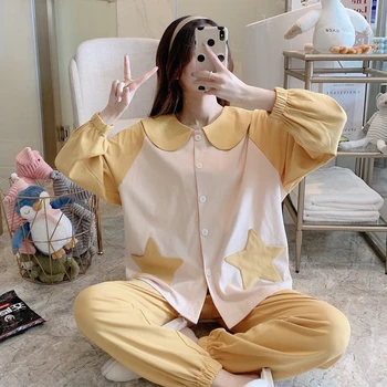 

Winter Pajamas For Women 2020 Pure Cotton Women Home Suit XXL Grey Floral Lapel Cardigan Top+Long Bottoms 2 Pcs Women Pajamas