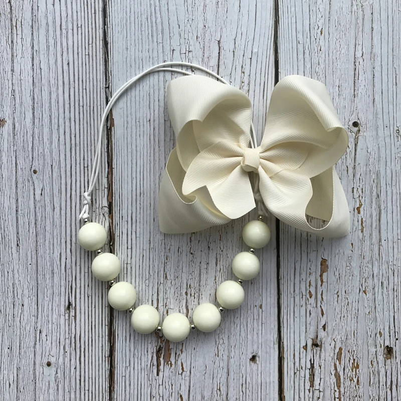 Baby Girl Accessories Solid 6inch JOJObow Clip with Handmade Adjustable Bubble Beads Necklace in Sets