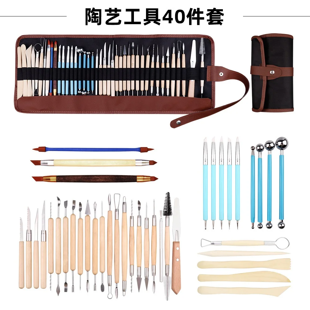 40pcs Pottery Clay Sculpting Tools Set with Carrying Case Double Sided Ceramic Clay Carving Tool for Beginners Student Modeling 45pcs pottery clay sculpting tool set with carrying case artist apron double sided sturdy carving chipping tool kit for beginner