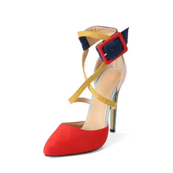 

US4-13 Womens Sandals High Heels Buckle Shoes Stilettos Pumps Blue Patchwork Match Colors Cross Straps Suede Leather C341