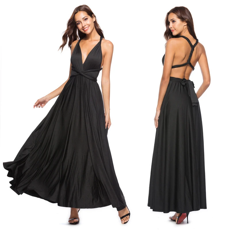 

2019 Long Dress Women Sexy Deep V Backless Halter Draped A-line Solid Color Spaghetti Dress Summer Elegant Lady Party Club Dress