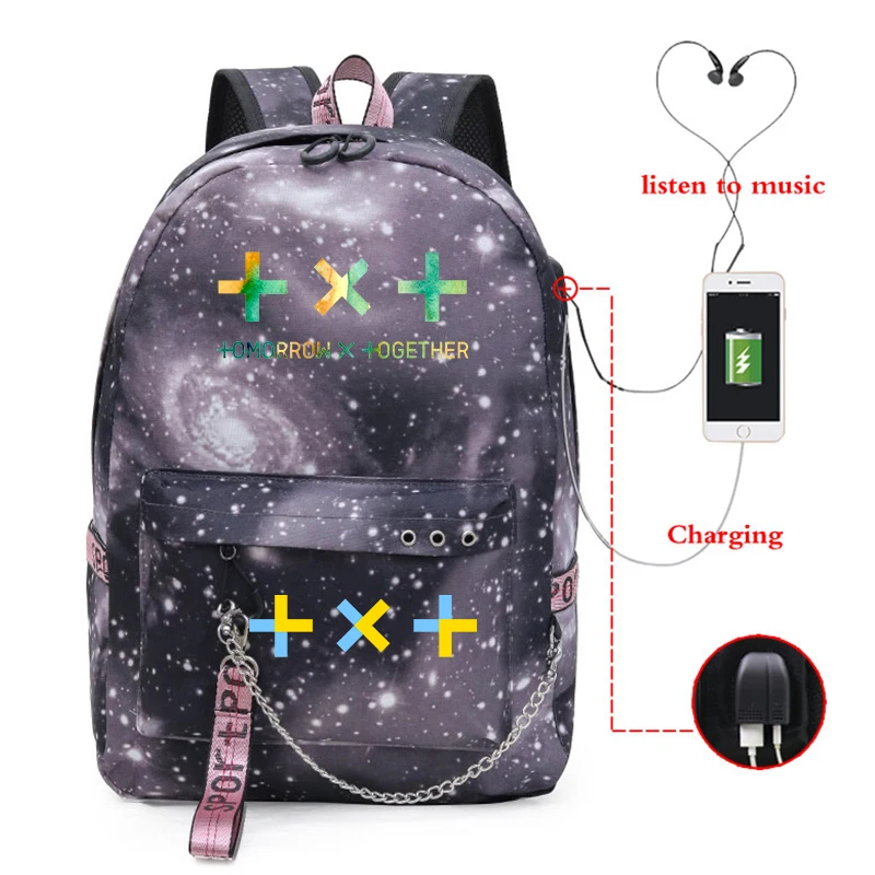 Mochila USB зарядный рюкзак для ноутбука женский Kpop TXT корейский школьные сумки