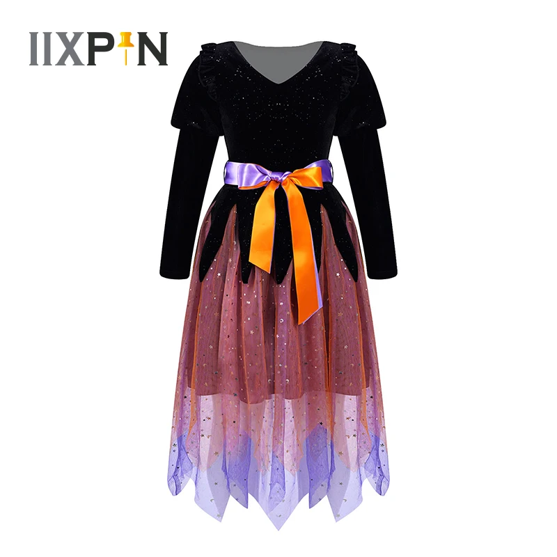 

Kids Girls Halloween Masquerade Witch Cosplay Costume Princess Dress Long Sleeves Mesh Tutu Dress With Belt For Performance Wear