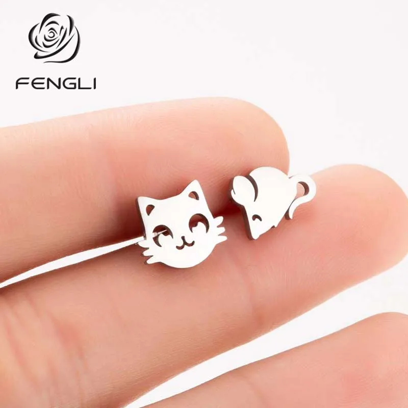 Женские серьги-гвоздики с животными FENGLI серьги-кошки из нержавеющей стали