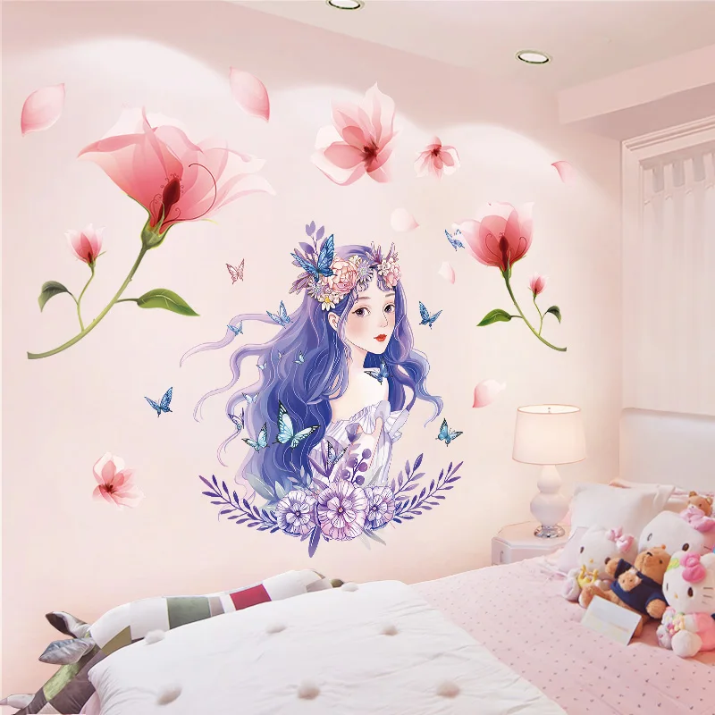 

[SHIJUEHEZI] Cartoon Girl Butterflies Wall Stickers DIY Flower Plants Mural Decals for Baby Room Kids Bedroom House Decoration