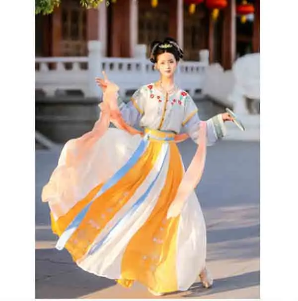 Женское традиционное китайское платье Hanfu с желтой вышивкой Женский костюм для
