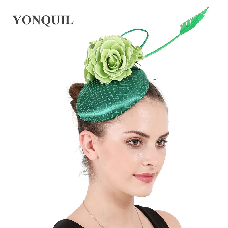Green flower fascinartor wedding hat women headband fashion mesh fedora caps church occasion hair accessories bride headpiece