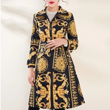 

vintage print Trench coat women's Single Breasted luxury Printed Overcoat new Long sleeve Fine button 2019 winter clothing