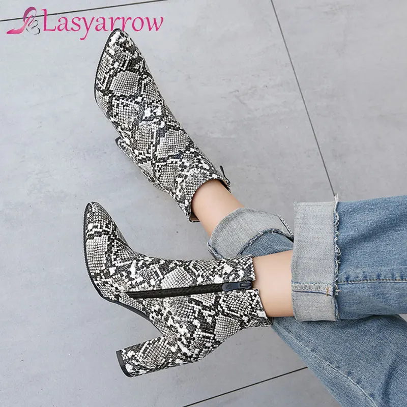 

Lasyarrow Fashion 2020 Autumn Colorful Snake Print Block High Heels Womens Boots Ankle Booties Woman Footwear Ladies Shoes