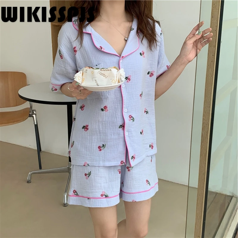 

WIKISSPJS 2022 Summer New Cotton Sweet Love Rimmed Home Wear Casual Short Sleeve Shorts Women Pajamas Lounge Wear Sleep Tops