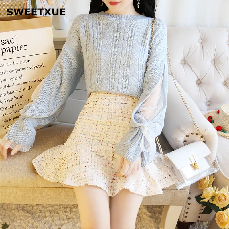 

SWEETXUE Women Two-Piece Set Knit Stitching Mesh Flare Sleeve Sweater Top + High Waist Ruffled Fishtail Tweed Skirt Sweet Suit