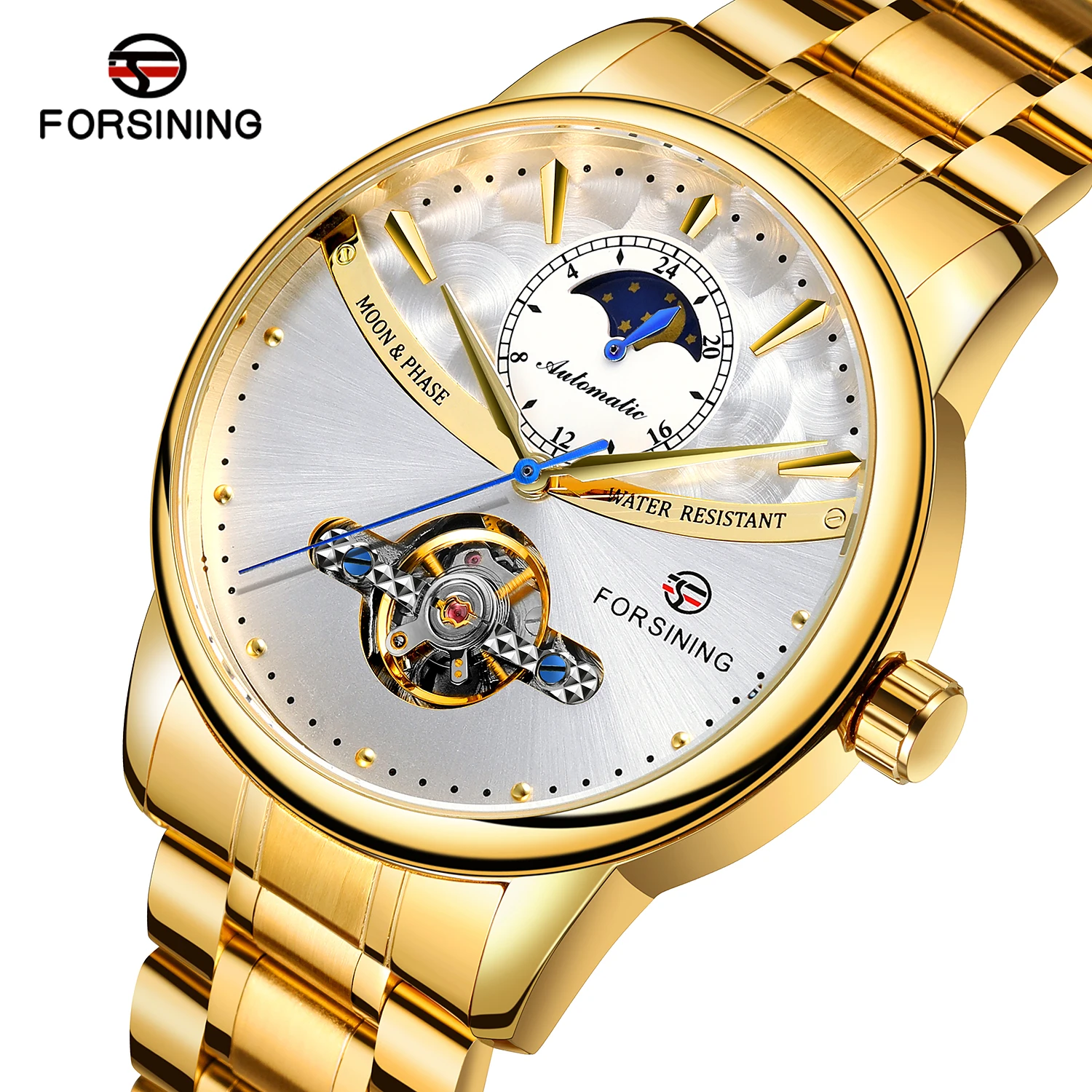 FORSINING Белое золото Tourbillion дизайн полный корпус из нержавеющей стали Moon Phase Мужские автоматические механические часы лучший бренд класса люкс