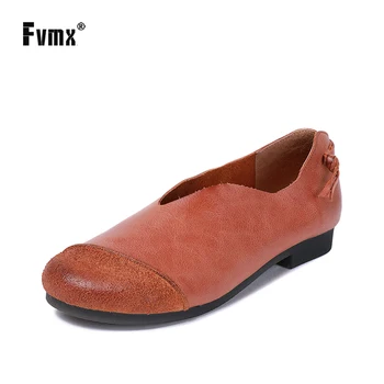 

FVMX Genuine Leather 2020 New Fashion Handmade Comfortable Flat Bottom Round Toe Casual Retro Women Shoes Pregnant Ladies Flats
