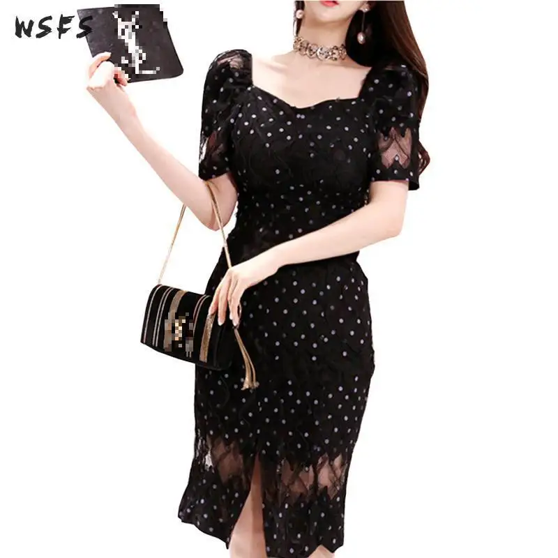 

Summer Dresses Asymmetrical Puffles Sleeve Dot Black Womens Dress See Through Elegant Bodycon Bandage Sexy Party Midi Wrap Dress
