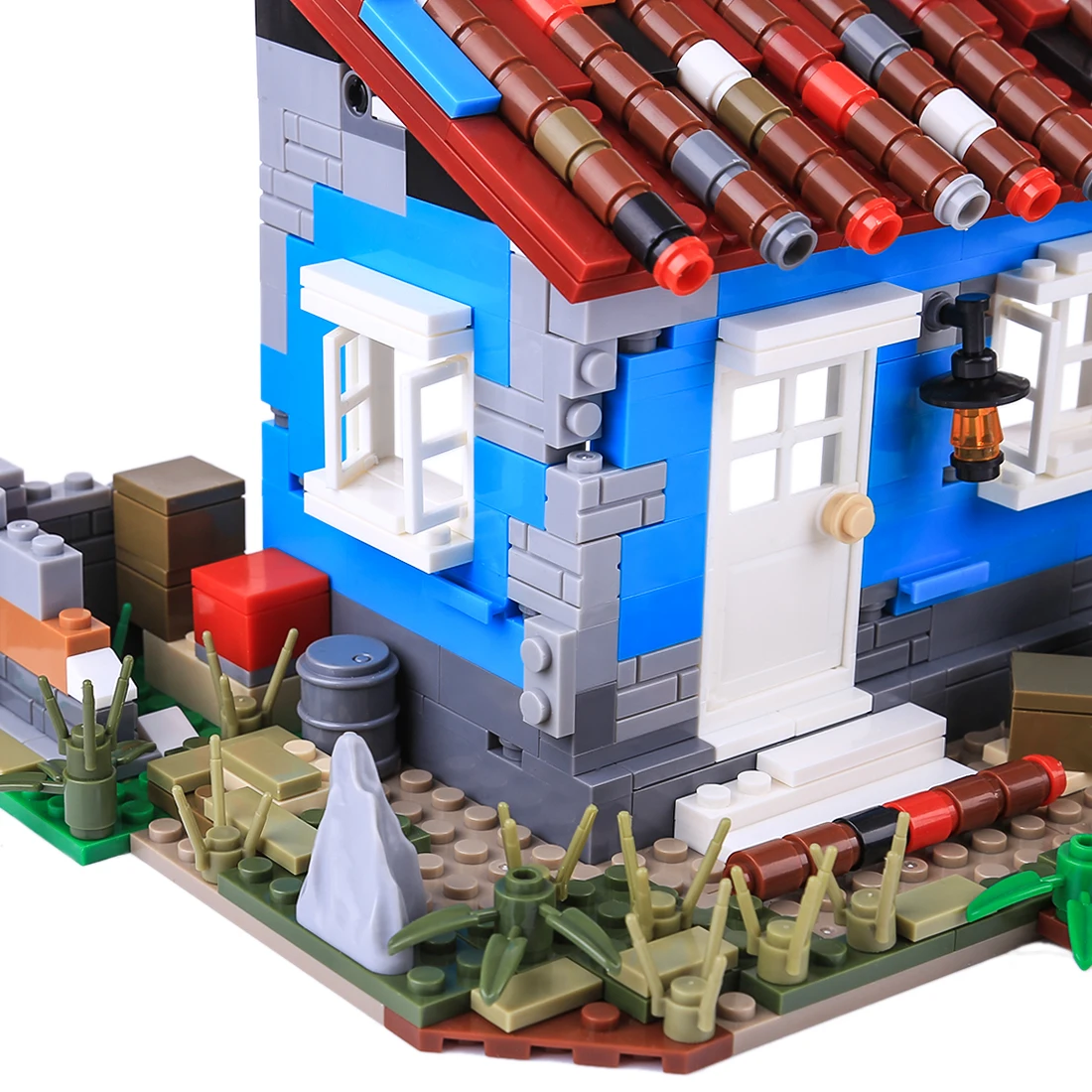 Tile-roofed House Small Particle DIY Assembling Building Blocks Humanoid WeaponToy for Children Tropical Rain Forest Battlefield