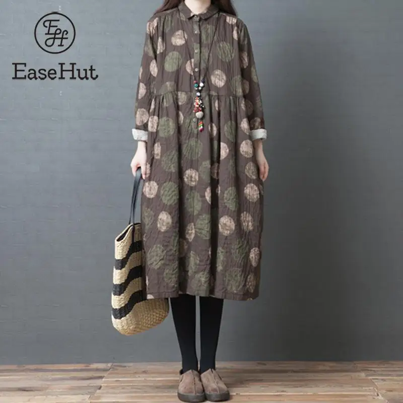 

EaseHut 2019 Fall Women Cotton Linen Dress Turn Down Collar Long Sleeves Vintage Dress Polka Dot Baggy Autumn Winter Dresses