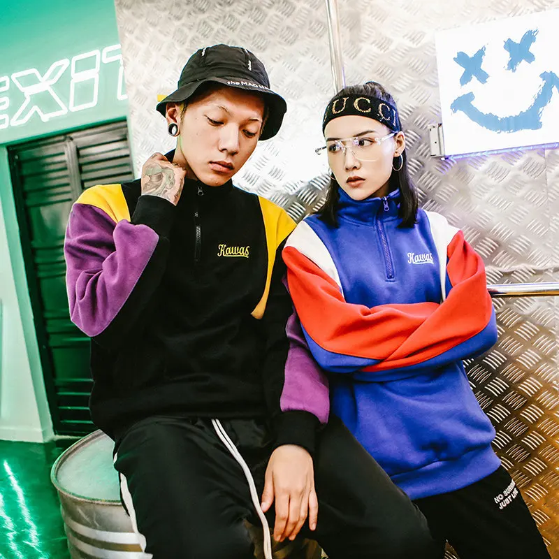Harajuku Color Block Sweatshirt Pullover Streetwear Men Hip Hop Vintage Hoodie Half-Zip Cotton Fleece Winter Autumn 2018 Hispter