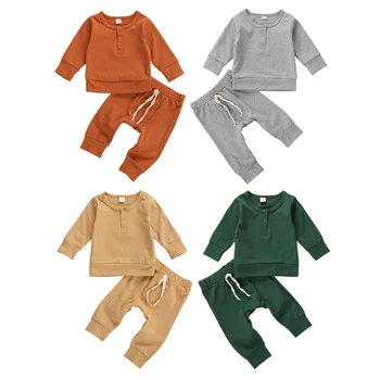 

Unisex Baby Girls Boys Long Sleeve Pullover Top Long Pants Trousers Sports Kids Solid Spring Autumn Cotton Clothing Set 0-18M