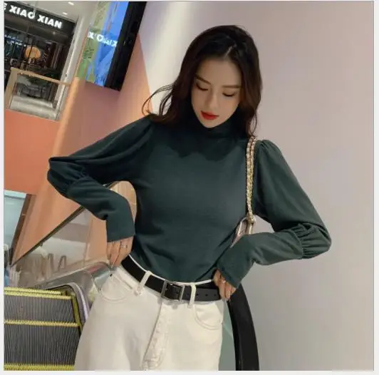 Dark Green Модные женские рубашки с пышными рукавами, осень-весна 2020New, Короткие топы, женские облегающие рубашки с высоким воротом, повседневная женская одежда M315 - Цвет: Dark Green