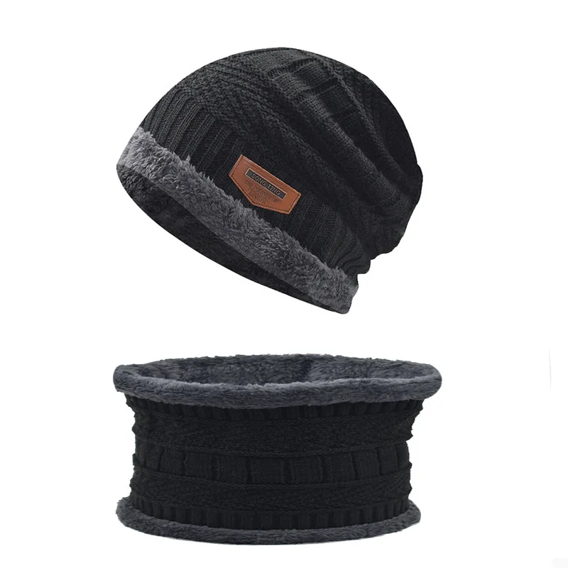 

Set Autumn and Winter Men's Knitted Woolen Cap Brushed and Thick Sleeve Cap Hat + Scarf Parent-Child Two-Piece Set
