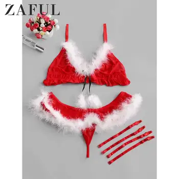 

ZAFUL Christmas Red Feather Trim Gartered Bra Set For Women Three Quarters Adjusted-Straps Two Hook-And-Eye Lingerie Set Cosplay