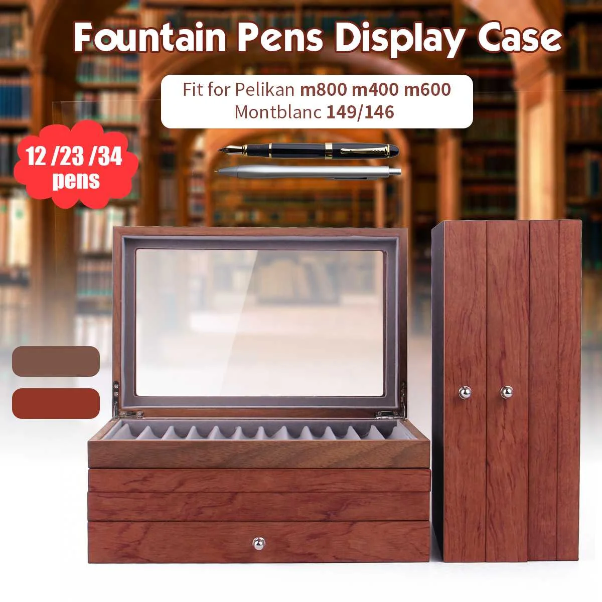 3 Slot Wooden Pen Pencil Fountain Display Case Storage Collector Organizer 