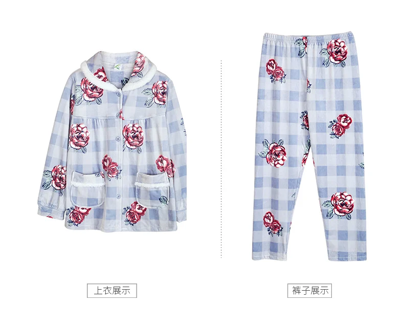 High Quality Womens Pajamas Sky Blue Floral Printing Flannel Pajama Ladies Winter Cozy Homewear Flannel Fleece Women's Two Piece