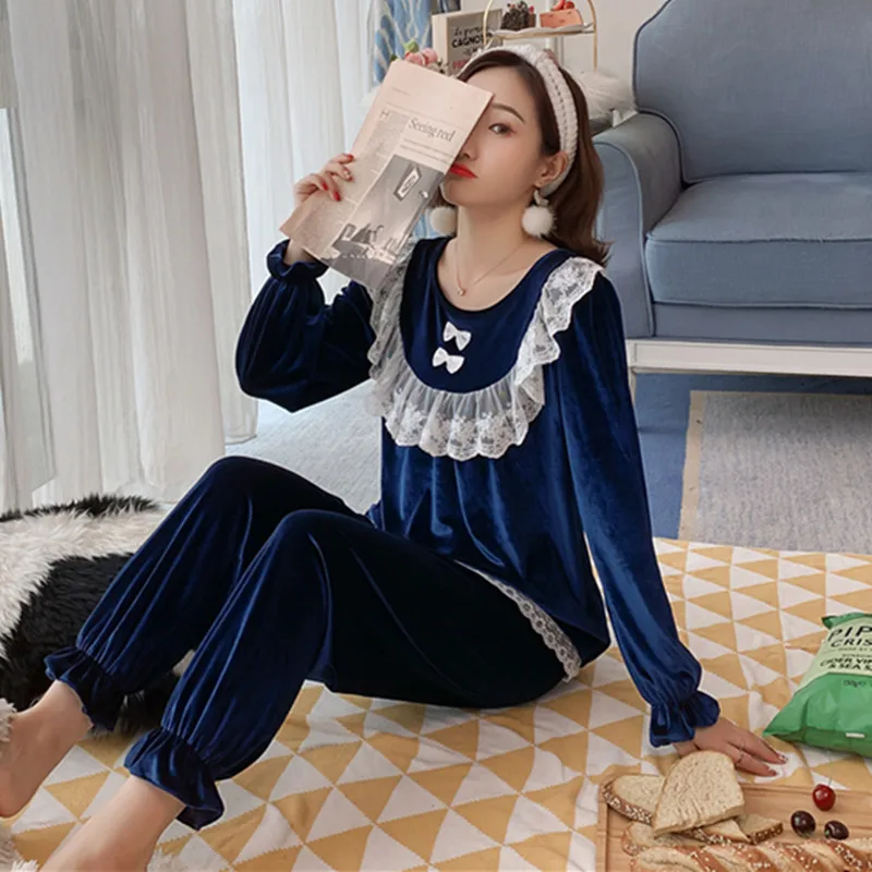 

Pajamas Women's Autumn & Winter Gold Velvet Long Sleeve Palace Bow Cute Princess Tracksuit Spring And Autumn Outer Wear Set