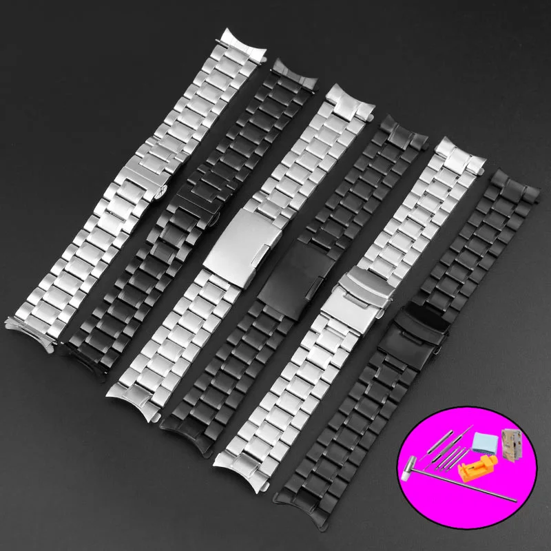 Premium Stainless Steel Curved Strap Watchband for Men, Adjustable 20-24mm