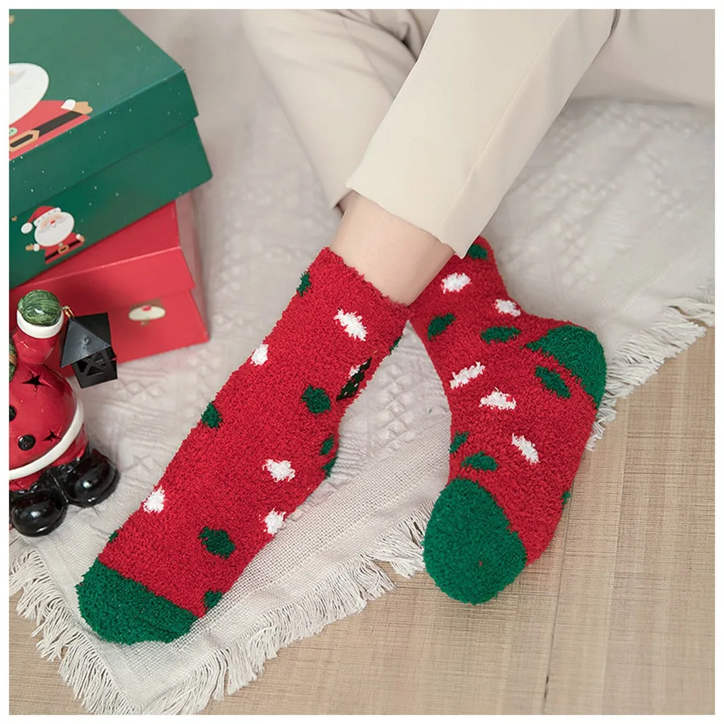 Рождественские носки для сна женские теплые зимние вязаные Мягкие плотные носки женские повседневные носки-тапочки с принтом Модные женские носки