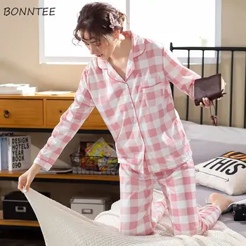 

Women Pajamas Sets Plaid Single Breasted Sweet Loose XXL Long Sleeve Pyjamas Leisure Homewear Nightwear Soft Comfortable Ulzzang