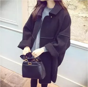 

Casual Batwing Sleeve Women Long Winter Wool Blend Coat Loose Pockets Wool Coat And Jacket Solid Single Breasted Outerwear