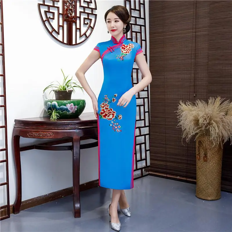 Зеленый Женский вечерний длинный Cheongsam Мандарин Воротник вечерние платья Элегантный Пром Qipao ретро-платье Vestido XS-3XL - Цвет: Синий
