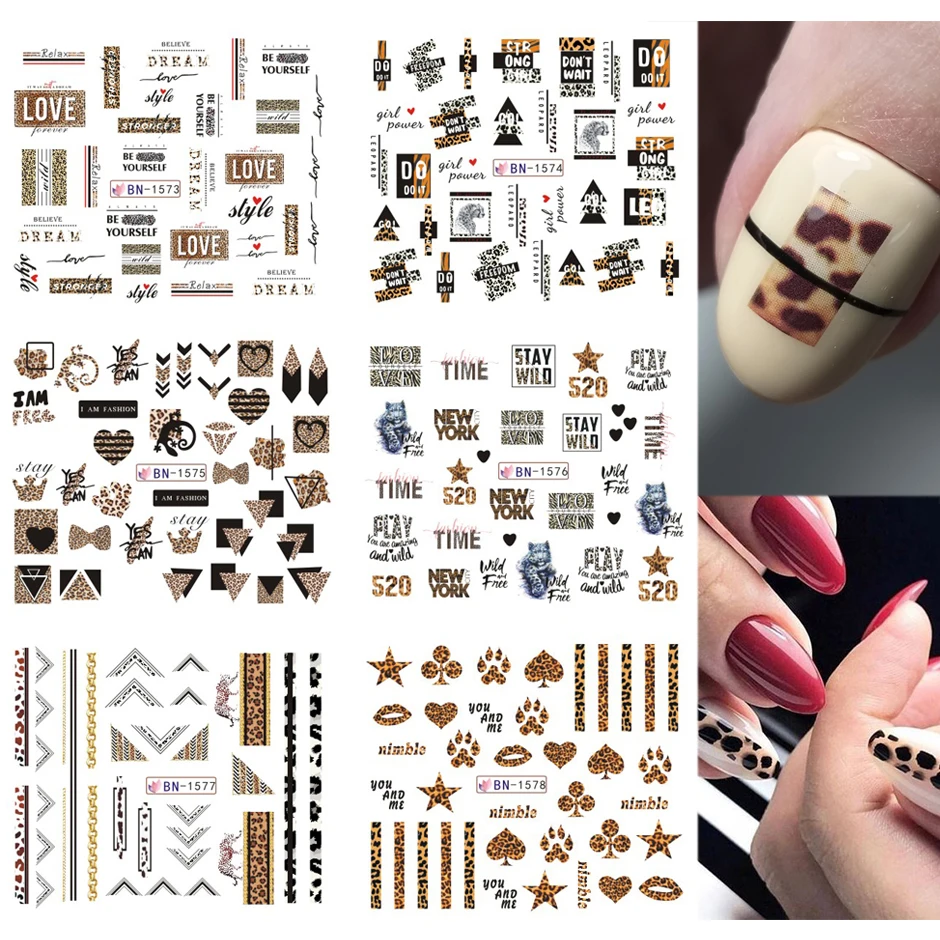 12pcs Leopard Sexy Animals Stickers for Nails Letter Designs Water Tattoo Foil Nail Art Decals Gel Polish Slider GLBN1573-1584-1