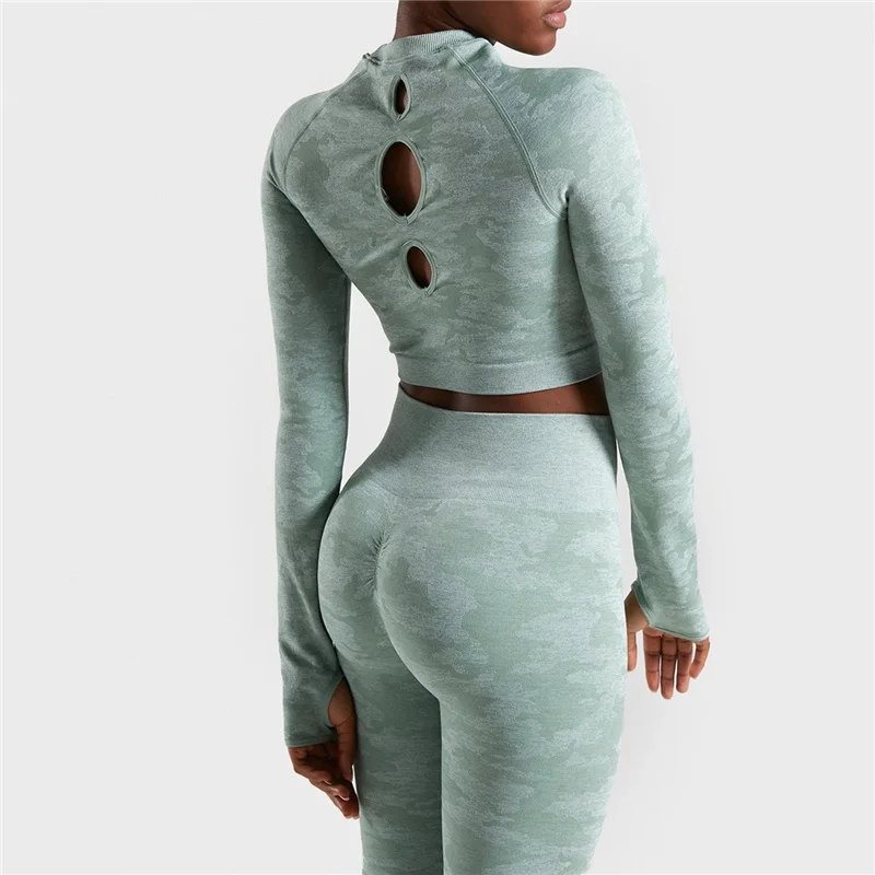 Green Suit Камуфляжный бесшовный спортивный костюм для женщин с длинным рукавом, укороченный топ и животик, контроль, леггинсы для спортзала, тренировочная одежда, спортивная одежда, Женский комплект 2 шт - Цвет: Green Suit