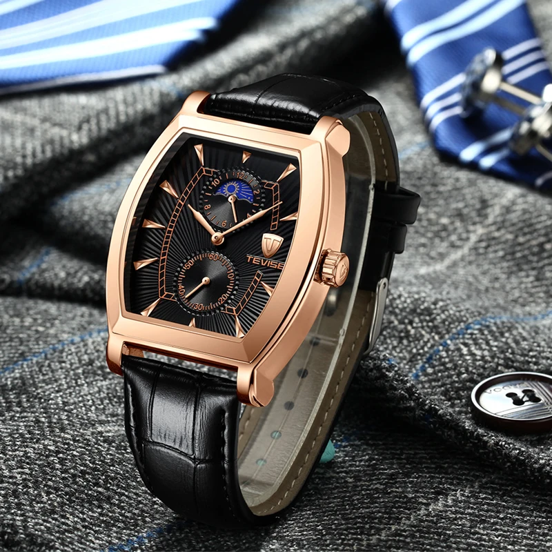 TEVISE 8383S мужские часы Moon Phase настоящие водонепроницаемые кварцевые часы с кожаным ремешком Мужские повседневные наручные часы Relogio Masculino