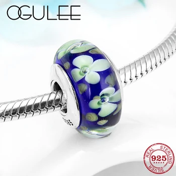 

European Murano beads Silver 925 Poetic Blue Green Flower Glass Beads Fit Original Women Charm Bracelet Women Fine Jewelry DIY