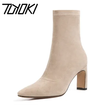 

Tuyoki Women Ankle Boots Square Heel Slip On Shoes Pointed Toe Winter Warm Boots Fashion Women Office Footwear Size 33-40