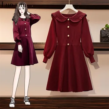 

2020 Spring Women Clothing Fashion Sweet Temperament Lotus Collar Lantern Sleeve Dress Slim Fit Slim Knit Solid Color Dress