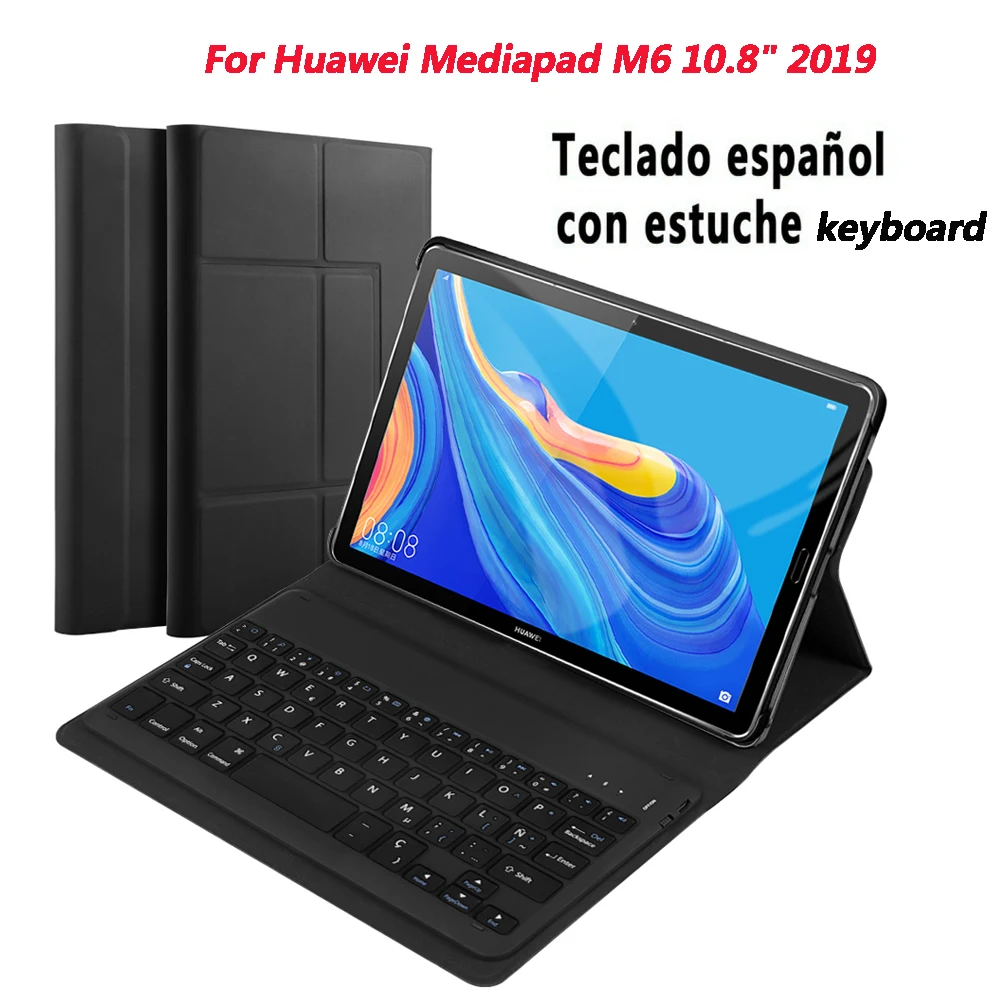 Black 10.8inch Tablet Bluetooth Keyboard Magnetic Adsorption and Detachable Keyboard with Black Leather Case for Huawei MediaPad M6 - Color: Black