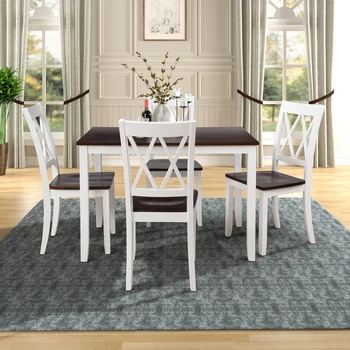 

High Qaulity 5-Piece Dining Table Set Home Kitchen Table and Chairs Wood Dining Set (White+Cherry)