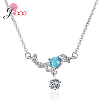 

Pretty Cute Moon Universe Design Sparkling Blue Crystal Pendant Necklace For Women Girls Wife Lover Nice Wedding Gift 925 Silver