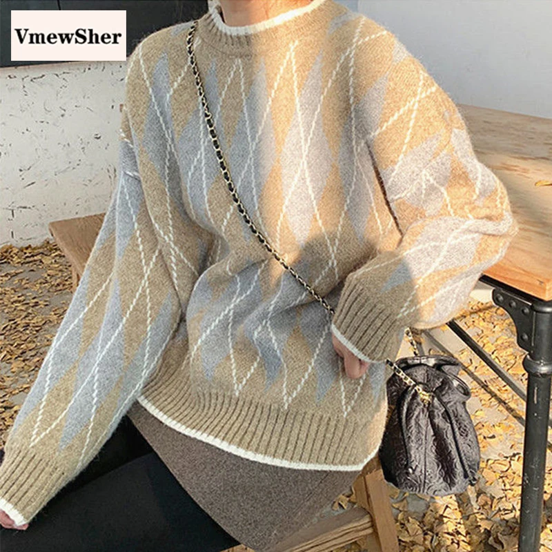 

VmewSher Новый осень-зима свитер для женщин с О-образным вырезом, связанное с узором "ромбиками" клетчатый вязаный Топ консервативный Стиль в винтажном стиле; Элегантный пуловер Свободный джемпер