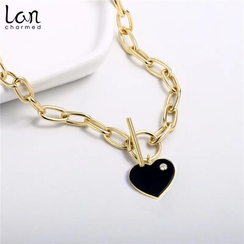 

Lancharmed Chunky Black Heart Charm Choker Necklace trendy Plated Heart Necklace